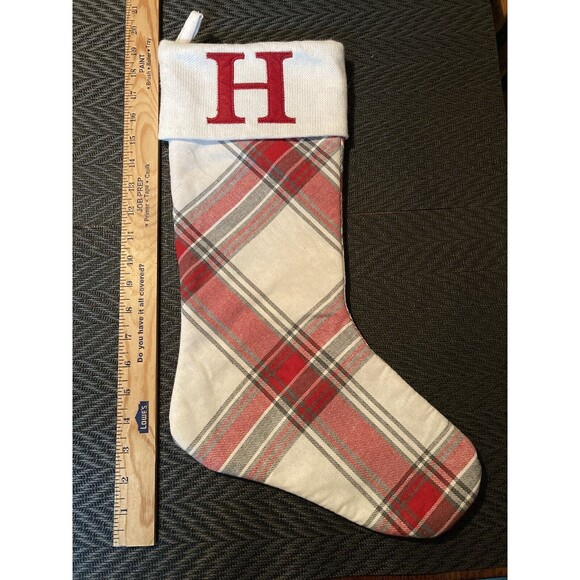 Red White Cuff Plaid Christmas Stocking Monogram "H" - Picture 6 of 7